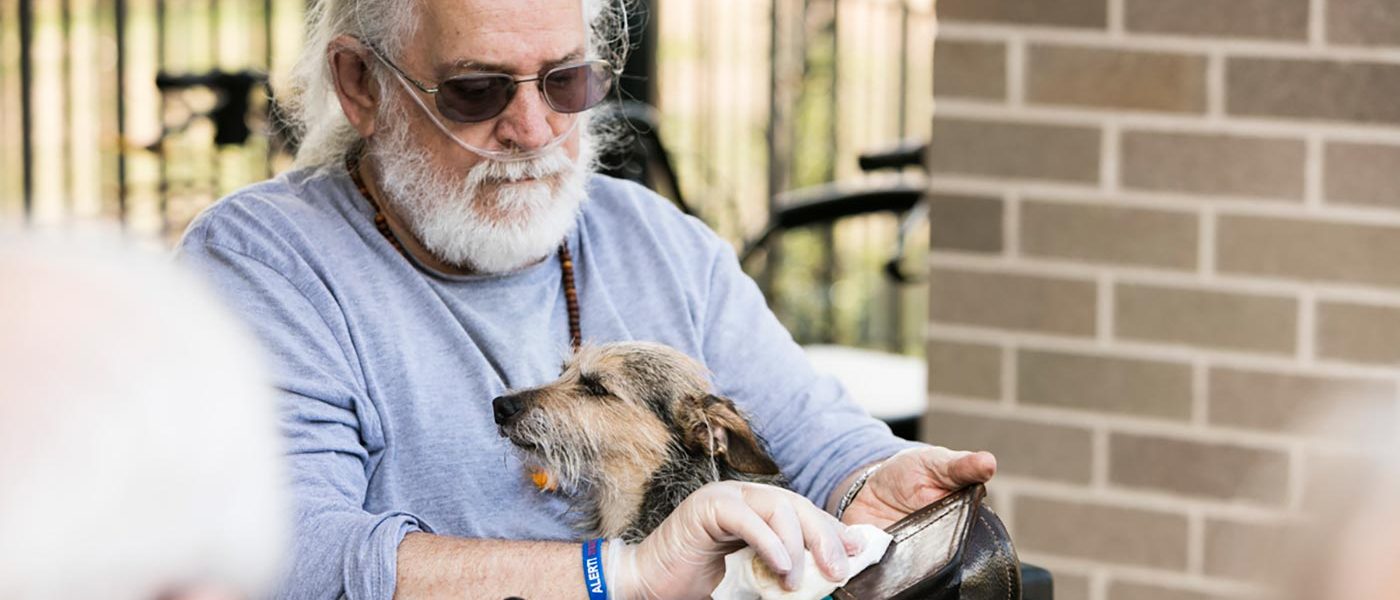 A resident with a dog as part of pet therapy at Whiddon Kelso.