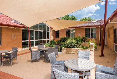 Outdoor seating area filled with space for residents to socialise at Whiddon's aged care home in Mudgee.