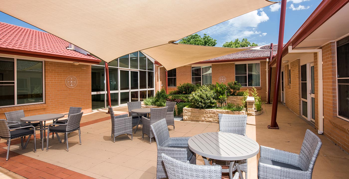 Outdoor seating area filled with space for residents to socialise at Whiddon's aged care home in Mudgee.