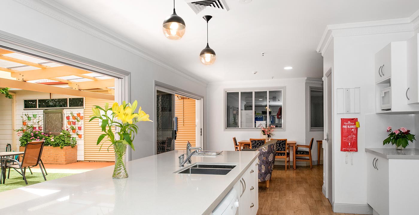 The interior of the open, bright kitchen at Whiddon's aged care home in Mudgee.